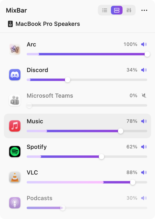 The comfortable layout: each app gets an icon, its name and a full-width slider.