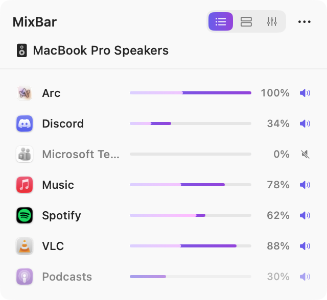 The compact layout: one line per app, name and slider on the same row.